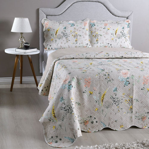 Kit Colcha Cobre Leito 150 Fios Matelado Boutis Estampada Dupla Face Cartagena Areia