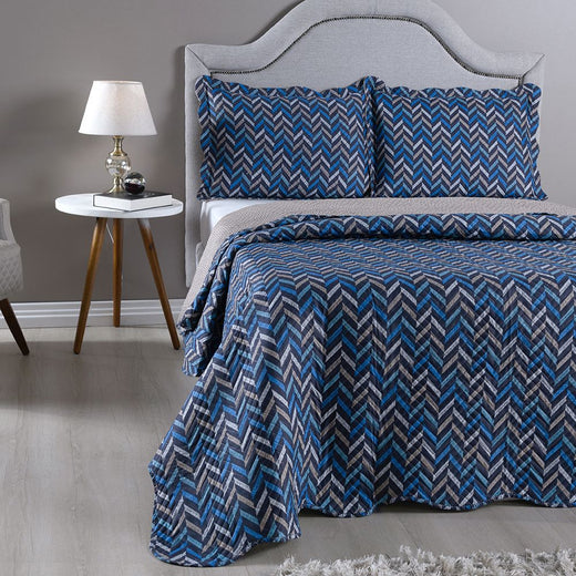 Kit Colcha Cobre Leito 150 Fios Matelado Boutis Estampada Dupla Face Montreal Azul