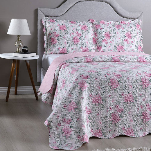 Kit Colcha Cobre Leito 150 Fios Matelado Boutis Estampada Dupla Face Bali Rosa