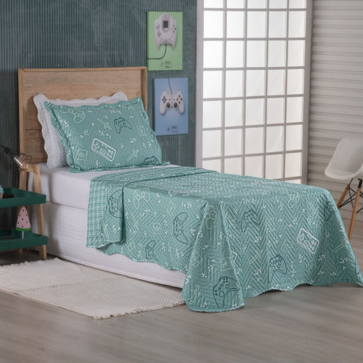 Kit Cobre Leito Colcha Solteiro 2 Peças 150 Fios Matelado Estampado Boutis Kids Game